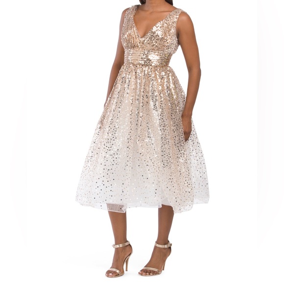 Gorgeous Sparkly Marchesa Notte Gold Sequin V Neck Midi Dress Size 4 NWT Luxury - Picture 4 of 9